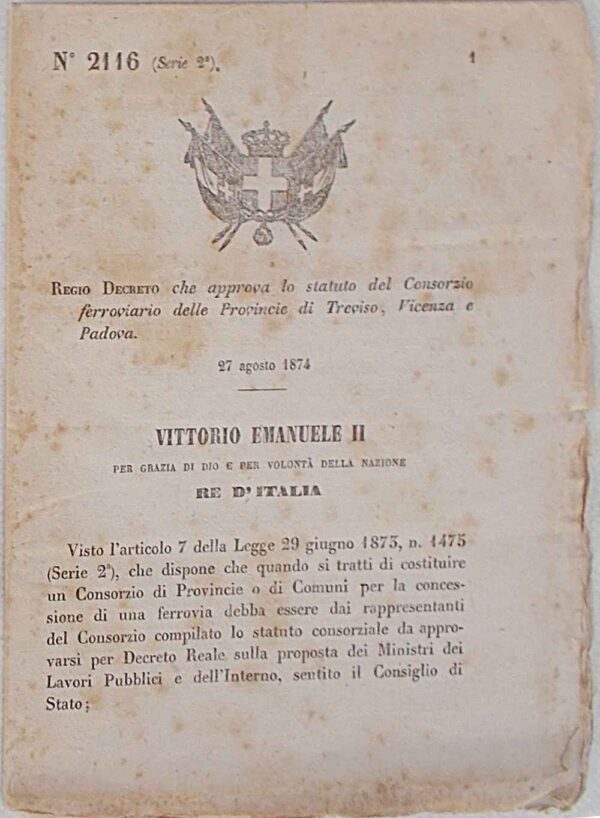 76-0324 Regio Decreto che approva lo statuto del Consorzio ferroviario della Provincia di Treviso, Vicenza e Padova.