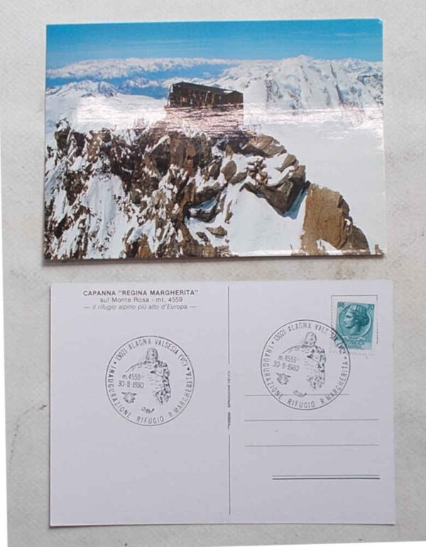 Capanna "Regina Margherita" sul Monte Rosa - mt. 4559 - il rifugio alpino più alto d'Europa -. (Affrancata e con doppio annullo filatelico "Inaugurazione Rifugio R. Margherita * 13021 Alagna Valsesia (VC) * m 4559 30-8-1980")